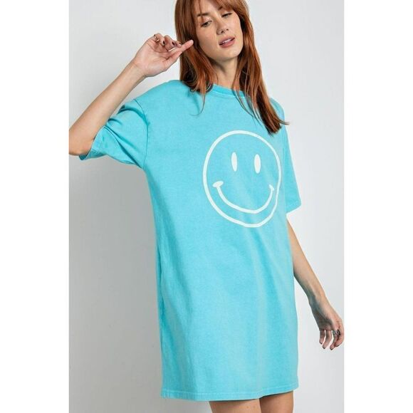 Easel Womens Smiley Face Happy Oversized Dress Top in Turquoise Blue S-L ED18419 - Picture 3 of 5